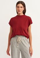 Bayan Bordo Pamuklu High-Neck Tişört