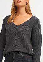 Bayan Antrasit Pamuklu V-Neck Triko