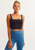 Bayan Siyah Esnek Dokulu Crop Top