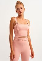 Bayan Pembe Esnek Dokulu Crop Top