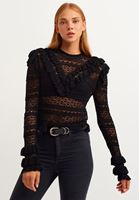 Bayan Siyah Romantik Fırfırlı Ajurlu Triko