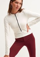 Bayan Krem Fermuarlı Crop Top