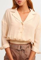 Bayan Bej Kol Katlamalı Crop Gömlek