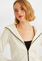 Bayan Krem Fermuar Detaylı Kapüşonlu Sweatshirt