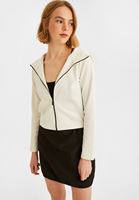 Bayan Krem Fermuar Detaylı Kapüşonlu Sweatshirt