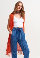 Bayan Turuncu Püskül Detaylı Ajurlu Yelek