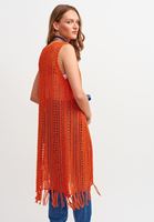 Bayan Turuncu Püskül Detaylı Ajurlu Yelek