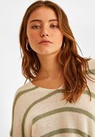 Bayan Krem Çizgili V Yaka Kazak