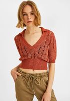 Bayan Kiremit Gömlek Yaka Ajurlu Triko