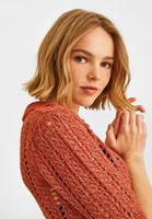 Bayan Kiremit Gömlek Yaka Ajurlu Triko