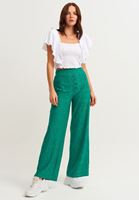 Bayan Yeşil Düğme Detaylı Bol Pantolon