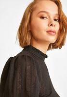 Bayan Siyah Balon Kollu Dantel Bluz