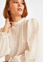 Bayan Krem Balon Kollu Dantel Bluz