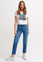Bayan Mavi Yüksek Bel Crop Straight Pantolon