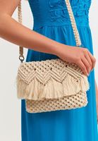 Bayan Krem Püsküllü Handmade Makrome Çanta 