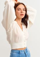 Bayan Krem Balon Kol Crop Bluz ( TENCEL™ )