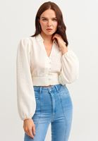 Bayan Krem Balon Kol Crop Bluz ( TENCEL™ )