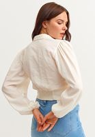 Bayan Krem Balon Kol Crop Bluz ( TENCEL™ )