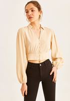 Bayan Bej Balon Kol Crop Bluz ( TENCEL™ )
