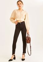 Bayan Bej Balon Kol Crop Bluz ( TENCEL™ )