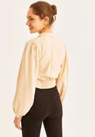 Bayan Bej Balon Kol Crop Bluz ( TENCEL™ )
