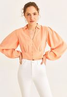 Bayan Pembe Balon Kol Crop Bluz ( TENCEL™ )