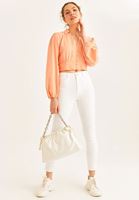 Bayan Pembe Balon Kol Crop Bluz ( TENCEL™ )