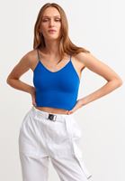 Bayan Mavi Dikişsiz İnce Askılı Crop Top