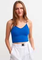 Bayan Mavi Dikişsiz İnce Askılı Crop Top
