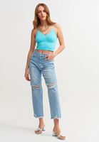 Bayan Mavi Dikişsiz İnce Askılı Crop Top