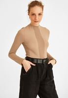 Bayan Bej Uzun Kollu Dikişsiz Tişört