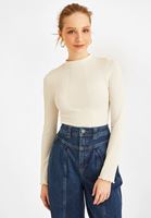 Bayan Krem Uzun Kollu Dikişsiz Tişört