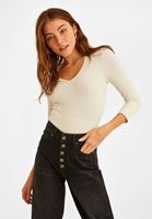 Bayan Krem V Yaka Uzun Kollu Tişört