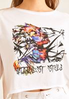 Bayan Beyaz Baskı Detaylı Crop Tişört