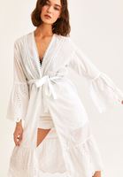 Bayan Beyaz Dantel Detaylı Uzun Kimono