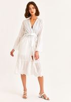 Bayan Beyaz Dantel Detaylı Uzun Kimono