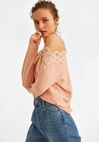 Bayan Pembe Dantelli Düşük Omuz Triko