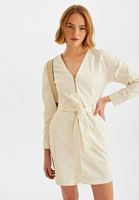 Bayan Krem Fermuar Detaylı Kısa Elbise