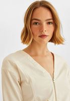 Bayan Krem Fermuar Detaylı Kısa Elbise