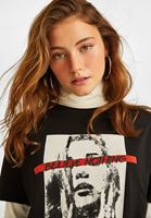 Bayan Siyah Bisiklet Yaka Baskılı Tişört