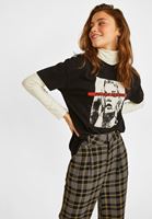 Bayan Siyah Bisiklet Yaka Baskılı Tişört