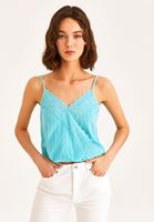 Bayan Mavi Dantel Detaylı Kruvaze Yaka Atlet