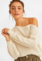 Bayan Krem Kayık Yaka Asimetrik Kazak