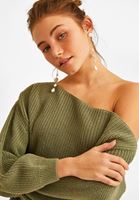 Bayan Yeşil Kayık Yaka Asimetrik Kazak