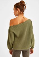 Bayan Yeşil Kayık Yaka Asimetrik Kazak