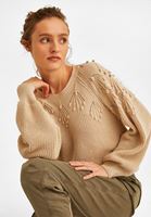 Bayan Bej Örgü Detaylı Triko Kazak