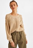 Bayan Bej Örgü Detaylı Triko Kazak