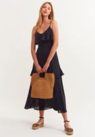 Bayan Siyah Fırfır Detaylı Uzun Elbise 