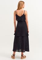 Bayan Siyah Fırfır Detaylı Uzun Elbise 