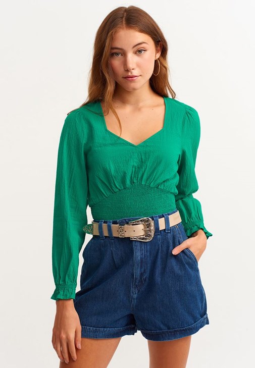 Yeşil Gipeli Balon Kol Bluz